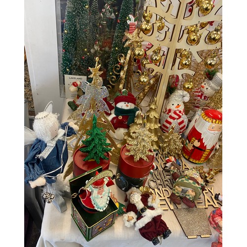 256 - Large selection of assorted Christmas decorations includes Tree figures, snow man decorations etc