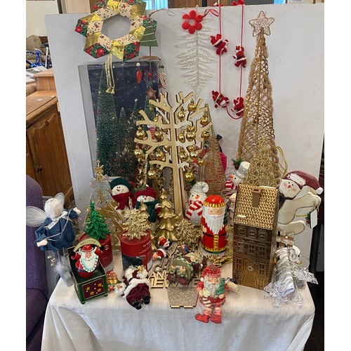 256 - Large selection of assorted Christmas decorations includes Tree figures, snow man decorations etc