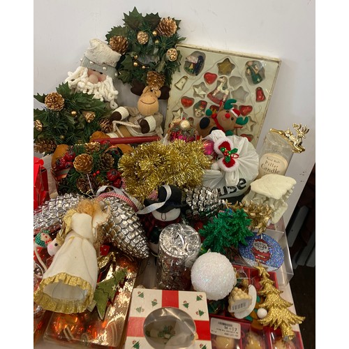 313 - Large selection of assorted Christmas decorations includes musical figures, metal reindeer figure, s... 