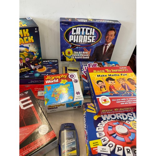 174 - Selection of Boxed games includes Bank Attack, Think words, catch phrase, books, teddies etc