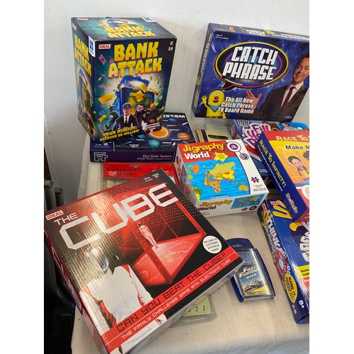 174 - Selection of Boxed games includes Bank Attack, Think words, catch phrase, books, teddies etc