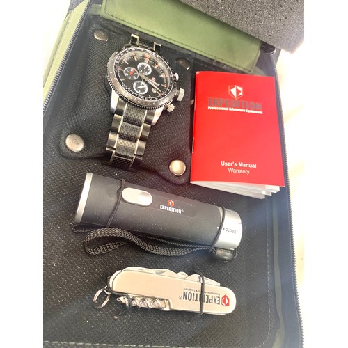 67 - Boxed Expedition quarts sports watch with knife and torch in case, working