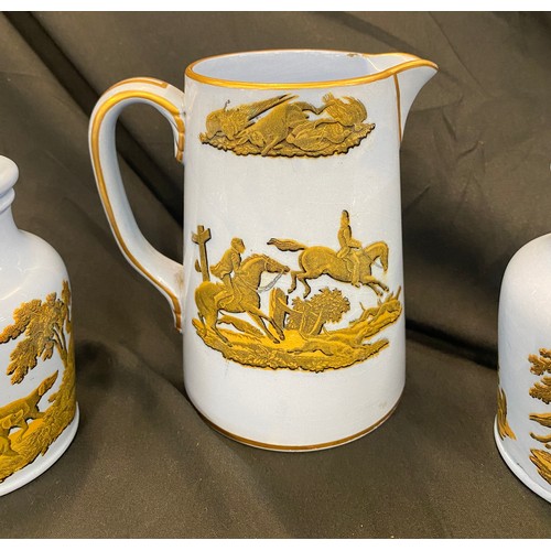 20 - 19th century Prattware jug and two paste pots with diamond registration marks