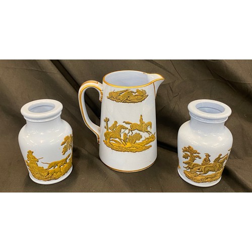 20 - 19th century Prattware jug and two paste pots with diamond registration marks