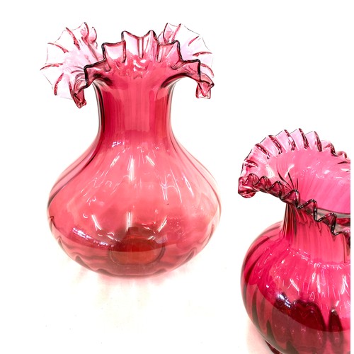 2 - Cranberry glass vase and jug, approximate height of vase: 11.5 inches