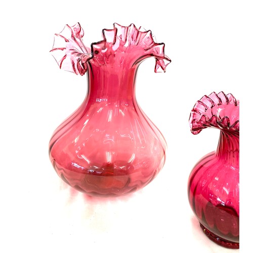 2 - Cranberry glass vase and jug, approximate height of vase: 11.5 inches