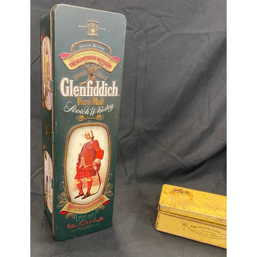 22 - 2 Vintage advertising tins includes Glenfiddich, macfarlane etc