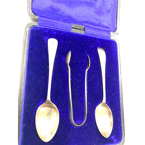 132 - Cased Antique tea spoon set, sugar tongues do not match spoons but are silver and a Cased antique si... 