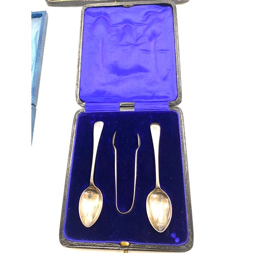 132 - Cased Antique tea spoon set, sugar tongues do not match spoons but are silver and a Cased antique si... 