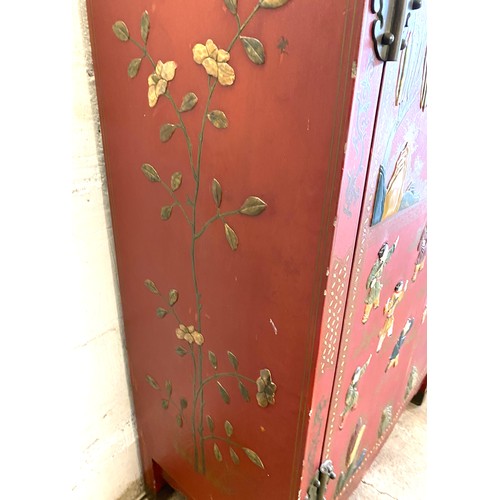 356 - 2 Door red lacquered Chinese inlayed cabinet with 2 internal shelves measures approx 48 inches tall ... 