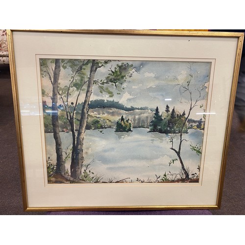 70 - Lake scene painting signed by Marie P Brown measures approx 20 inches high by 23 inches width