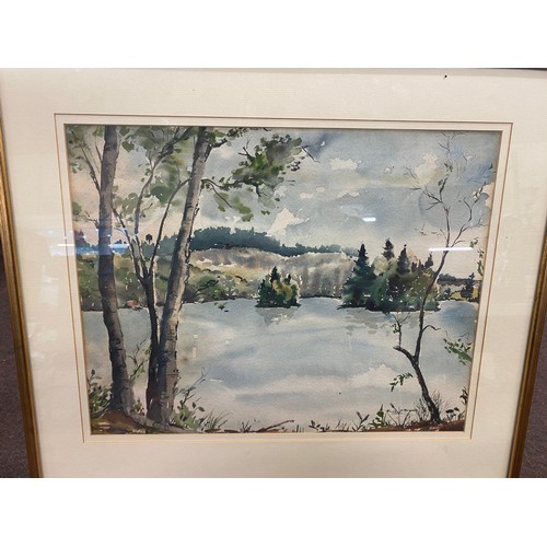 70 - Lake scene painting signed by Marie P Brown measures approx 20 inches high by 23 inches width