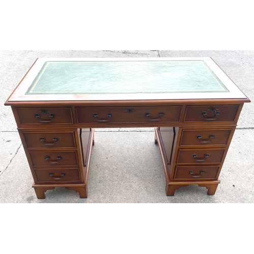 358 - 9 drawer 3 piece yew wood desk with leather top measures approx 31 inches tall 48 inches wide depth ... 