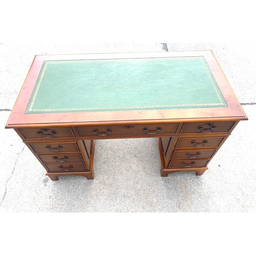 358 - 9 drawer 3 piece yew wood desk with leather top measures approx 31 inches tall 48 inches wide depth ... 