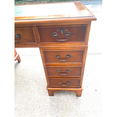 358 - 9 drawer 3 piece yew wood desk with leather top measures approx 31 inches tall 48 inches wide depth ... 