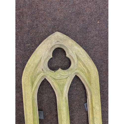 100J - Concrete gothic garden frame measures approx height 13 inches by 18 inches wide