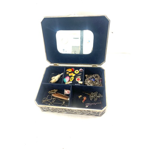 586 - Box of costume jewellery includes silver charm bracelet (some charms not silver), pocket knife, badg... 