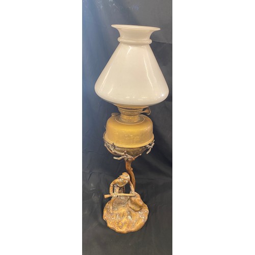 110 - Rare Brass base hunting scene oil lamp, approximate measurements: Height 25 inches