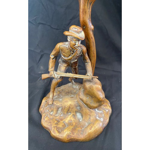 110 - Rare Brass base hunting scene oil lamp, approximate measurements: Height 25 inches