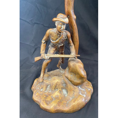 110 - Rare Brass base hunting scene oil lamp, approximate measurements: Height 25 inches