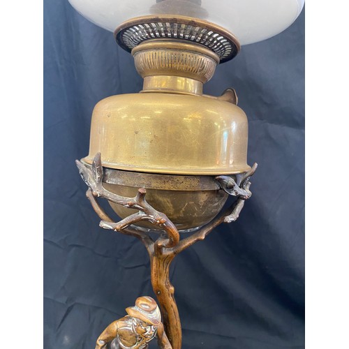 110 - Rare Brass base hunting scene oil lamp, approximate measurements: Height 25 inches