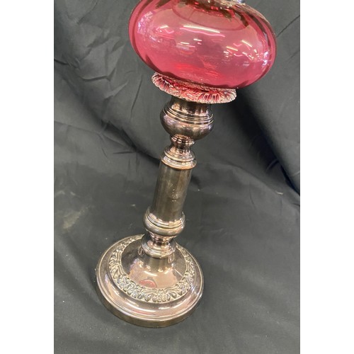 113 - Small silver plated Vintage  cranberry font oil lamp, approximate height 20.5 inches, loose fitting