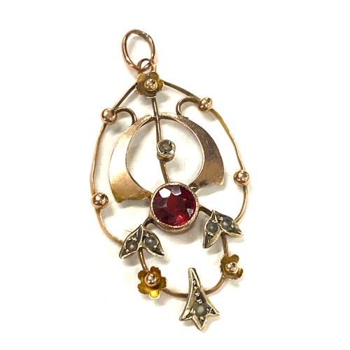 583 - Vintage 9ct gold and garnet seed pearl pendant, approximate weight 1.8g