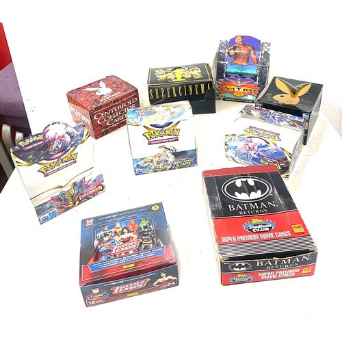 332 - Selection of trading card booster boxes empty, includes vintage and new pokemon, batman, justice lea... 