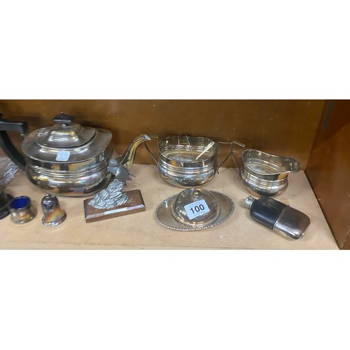 100 - Selection silver plate items to include trophies, teapot, glass decanter etc