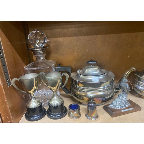 100 - Selection silver plate items to include trophies, teapot, glass decanter etc