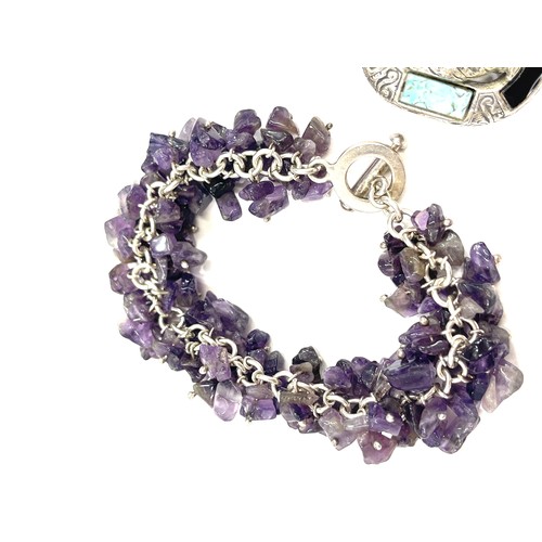 458 - Silver amethyst bracelet and a stone set Scottish agate stone set brooch by miracle