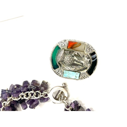 458 - Silver amethyst bracelet and a stone set Scottish agate stone set brooch by miracle