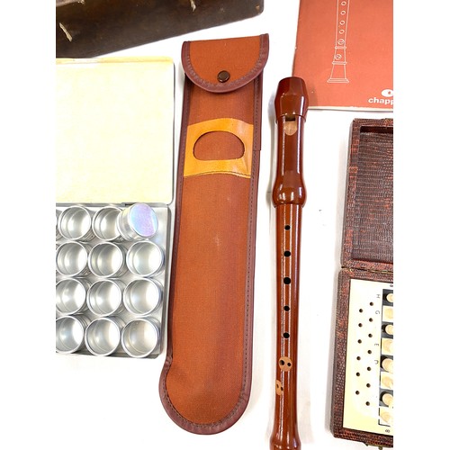 233 - Early Pifco electric massager, descant recorder and books and a complete travel chest set