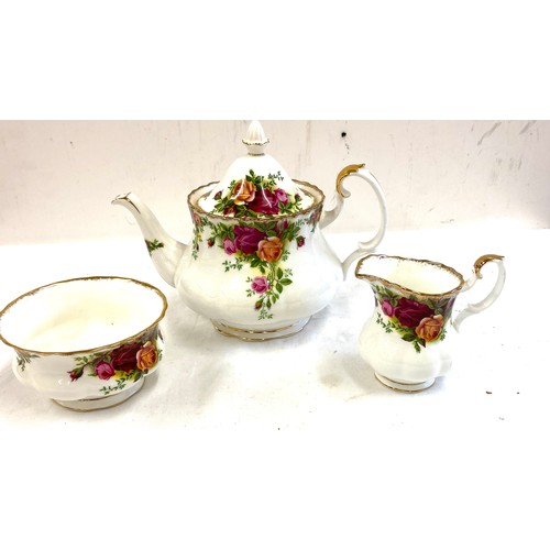 78 - Royal Albert Old country rose teapot, jug and sugar bowl overall good condition small chip on tea po... 