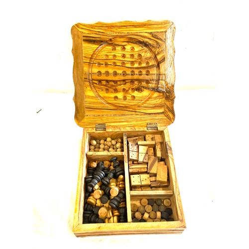 490 - Vintage wooden games chest box with various game items to include chest, checkers, dominoes etc