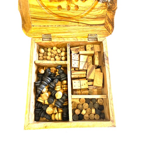 490 - Vintage wooden games chest box with various game items to include chest, checkers, dominoes etc