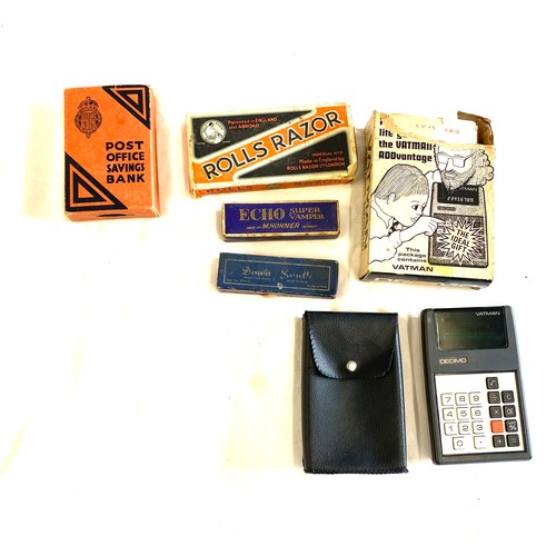 491 - Selection of vintage collectables to include harmonicas, Vatman calculator, Rolls razor etc