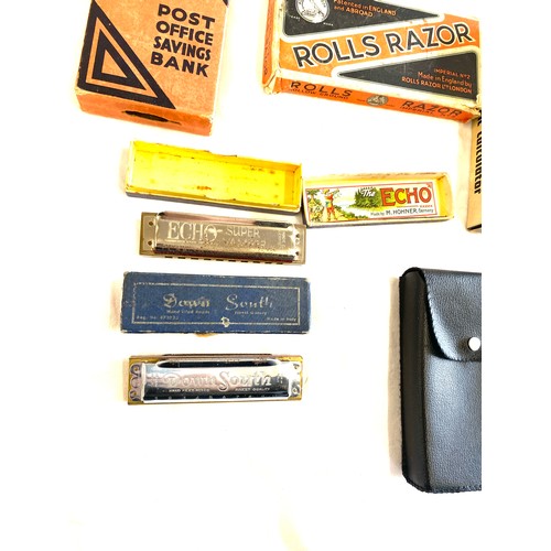 491 - Selection of vintage collectables to include harmonicas, Vatman calculator, Rolls razor etc