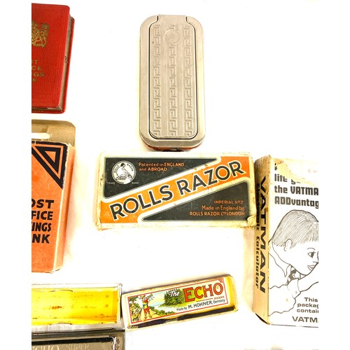 491 - Selection of vintage collectables to include harmonicas, Vatman calculator, Rolls razor etc