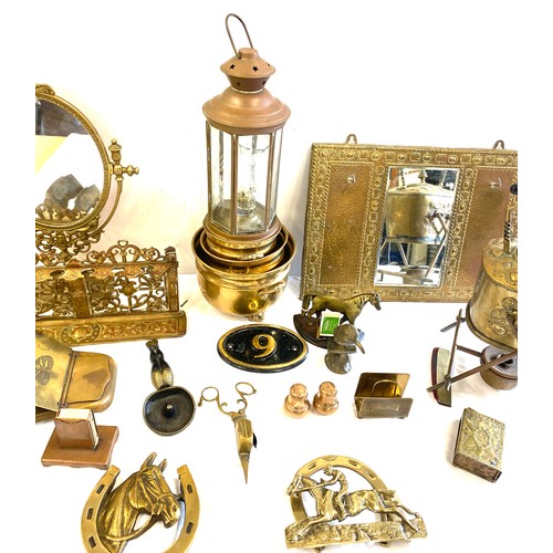 240 - Large selection of brassware to include mirrors, kettle on stand, lantern etc