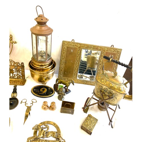 240 - Large selection of brassware to include mirrors, kettle on stand, lantern etc