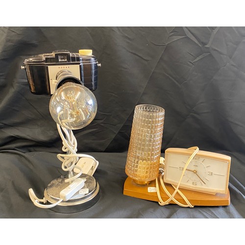 88 - Vintage Metamec bed side alarm clock and lamp and a retro Kodak brownie camera 127, untested