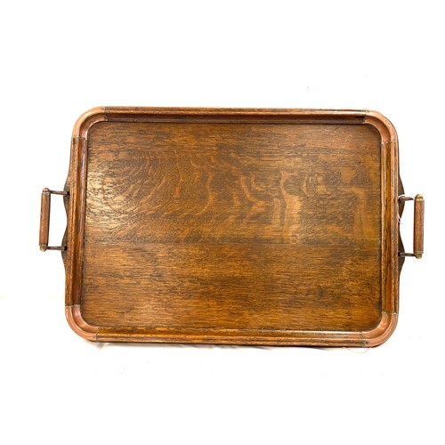 82 - Vintage oak and copper serving tray measures approx 24 inches wide 16 inches depth