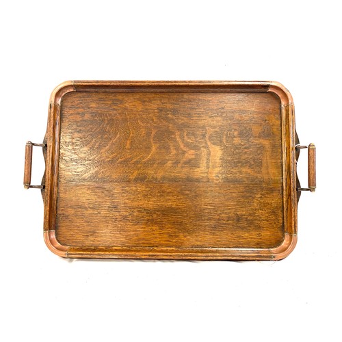 82 - Vintage oak and copper serving tray measures approx 24 inches wide 16 inches depth