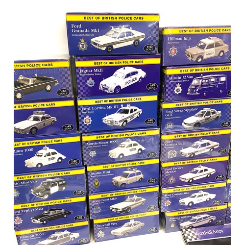 296 - Selection of 26 boxed Atlas best of British Police cars annd with paperwork, some boxes sealed inclu... 