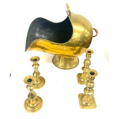 196 - Selection of brassware to include Helmet coal skuttle and  candlesticks