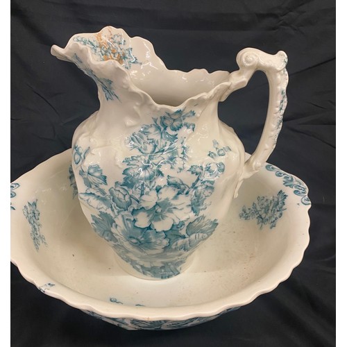 205 - Decorative vintage blue and white jug and bowl