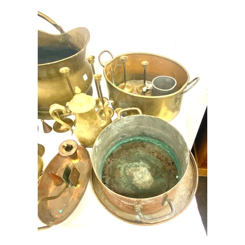 213 - Selection of brass and copper to include tea pots, coal scuttle etc