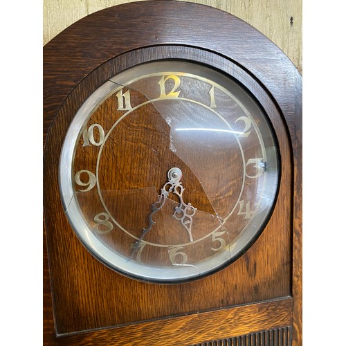 386 - Oak cased dutch long case clock with weights and pndulum, cracked glass height approx 75 inches