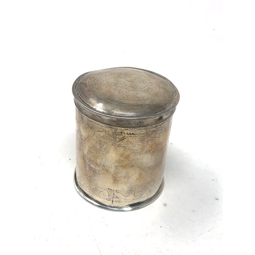 48 - continental silver lidded pot measures approx 7cm dia height  8.5cm xrt tested as 950 silver